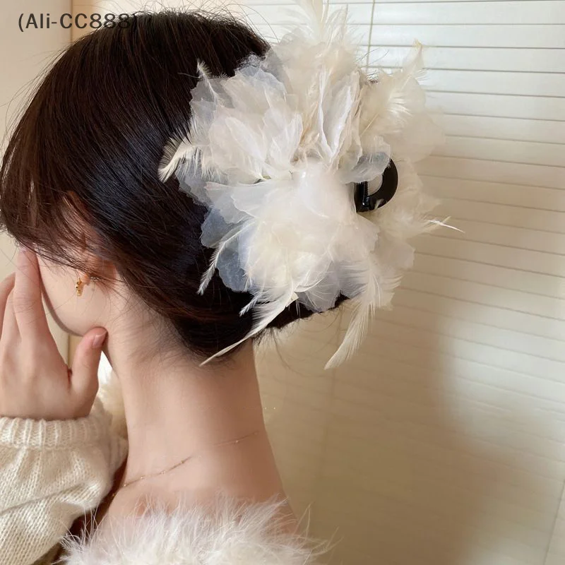 New Ostrich Feather Gauze Flowers Fairy Hair Claws Ponytail Holder Trendy Shark Clip 3 Colors