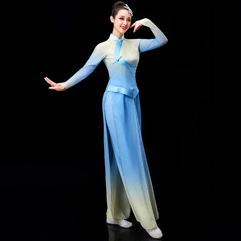 전통 중국 의류 여성 고대 Yangko 민속 무용 팬 블루 의상 의상 여성 yangge 춤 댄스 옷 드레스