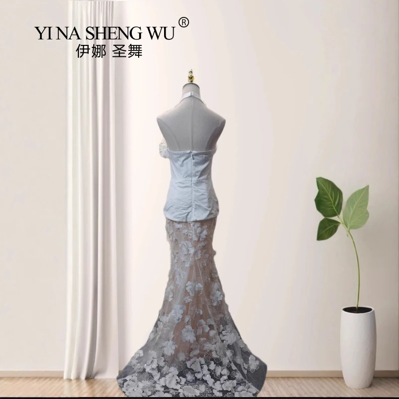 New Arrival White Three-Dimensional Embroidered Flower Sexy Low-Cut Halter Fake Two-Piece Dress Haute Couture Evening Wedding view 5
