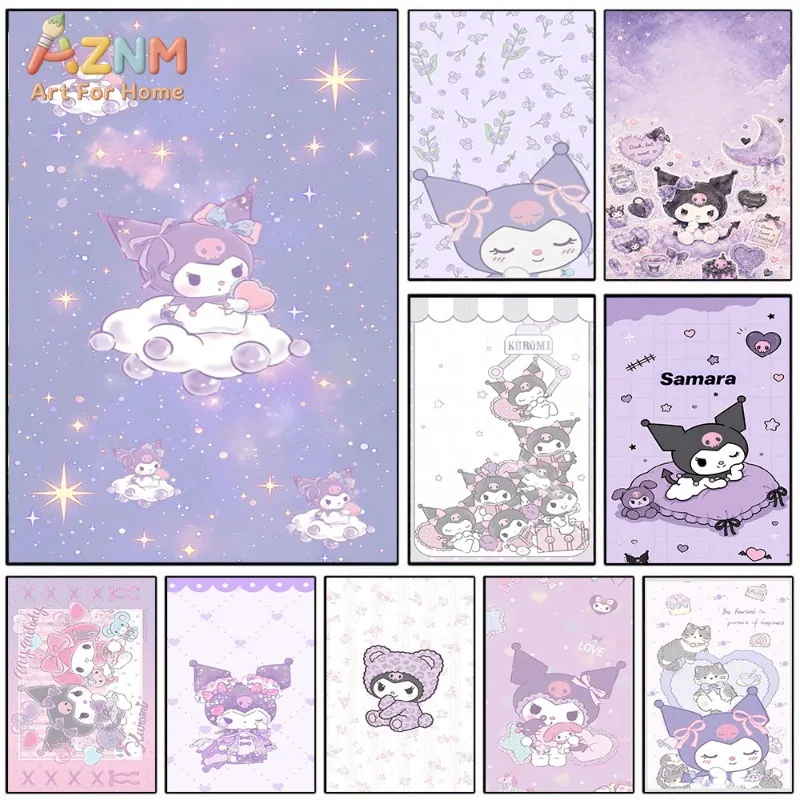 Sanrio Kuromi Galaxy Star Cloud Canvas Wall Print No Frame Cute Cartoon Devil Character Purple Sky Pastel Girly Kids Bedroom