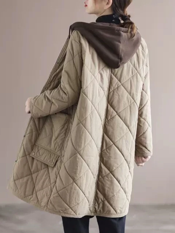 Jaqueta de Aodão Fena de Crimento Médio, Estilo Novo Outono Inverno 2025, com Capuz, Patchwork, Manga Longa, Casual ...