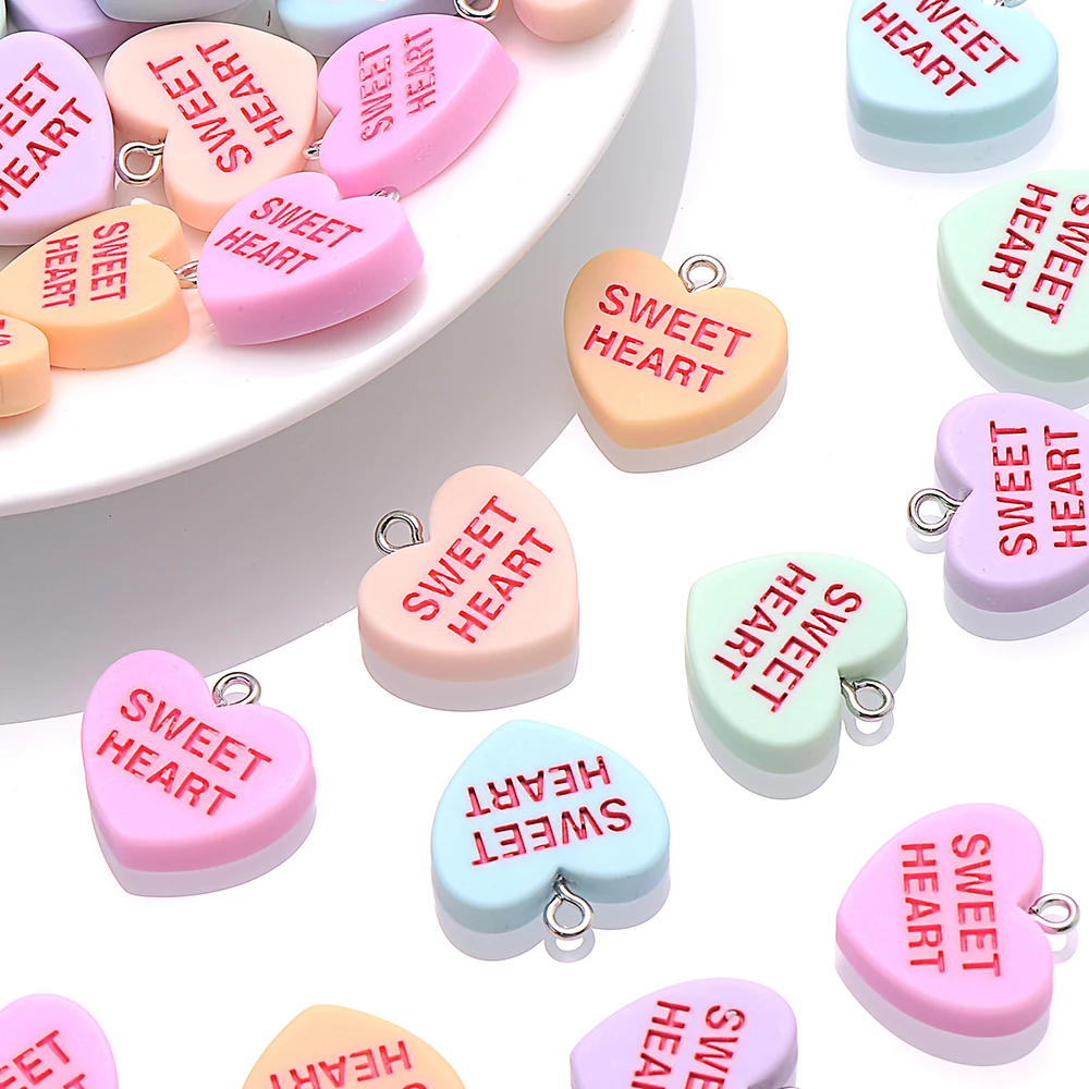 19mm 10pcs Color Resin Bead Flatback Heart Pendant For Key Ring Earrings Necklace Bracelet Letter Charm DIYJewellery Accessories