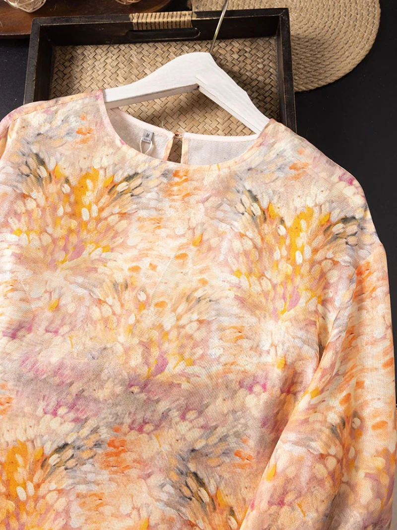 Early Autumn New Wheat Ear Flower Round Neck Versatile Temperament Comfortable 100% Natural Mulberry Silk Long Sleeved T-shirt
