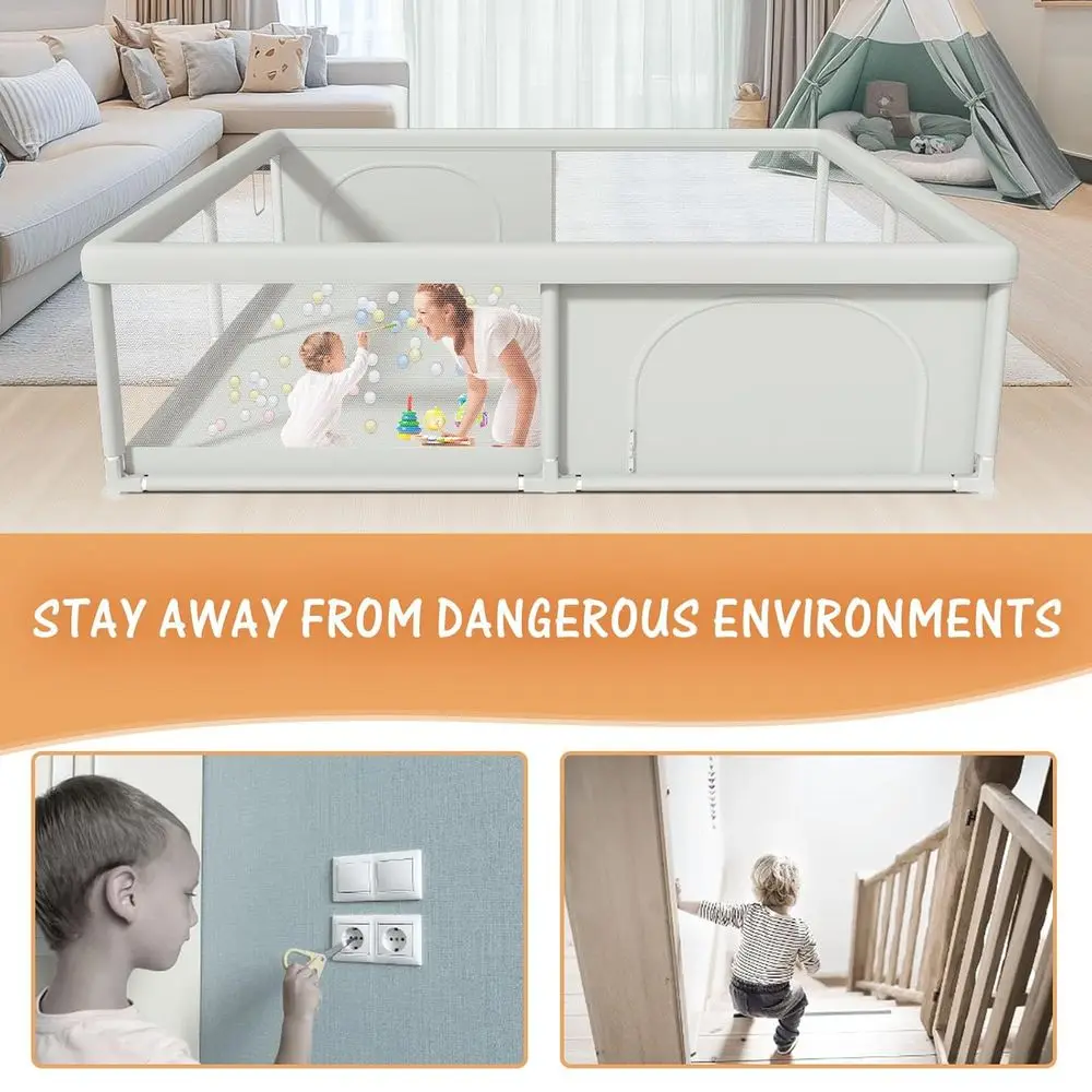 特大79ベビーサークル、ジッパー式ゲート付き、屋内外使用可能、メッシュ壁と滑り止めベース