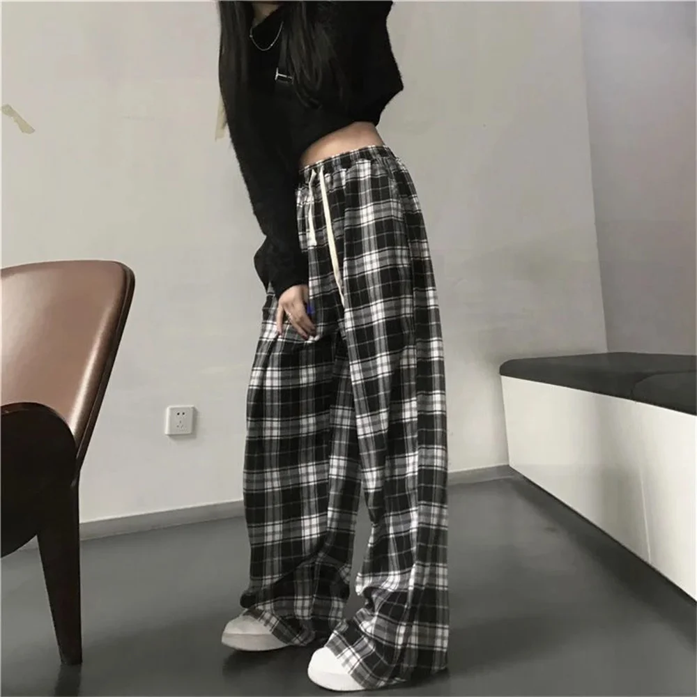 Baggy Elastic Waist Pockets Student Unisex Hip Hop Loose Trousers Oversize Fashion Black Plaid Casual Pants Women Sweatpants
