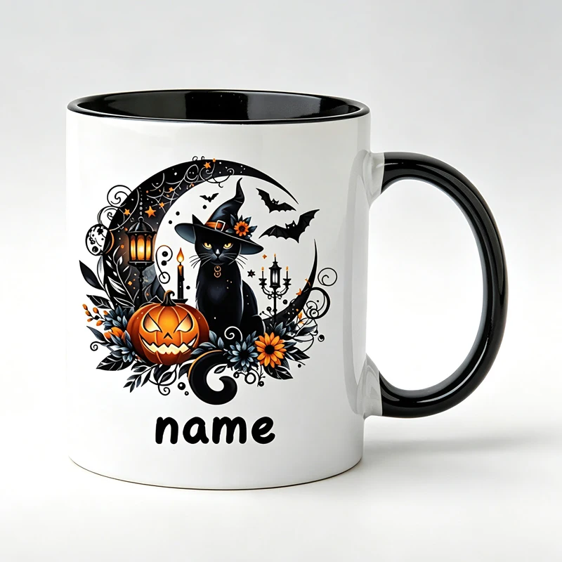 Personalized Halloween Mug with Customizable Name, Featuring a Witch Cat and Pumpkin Design, Perfect for Halloween Parties.