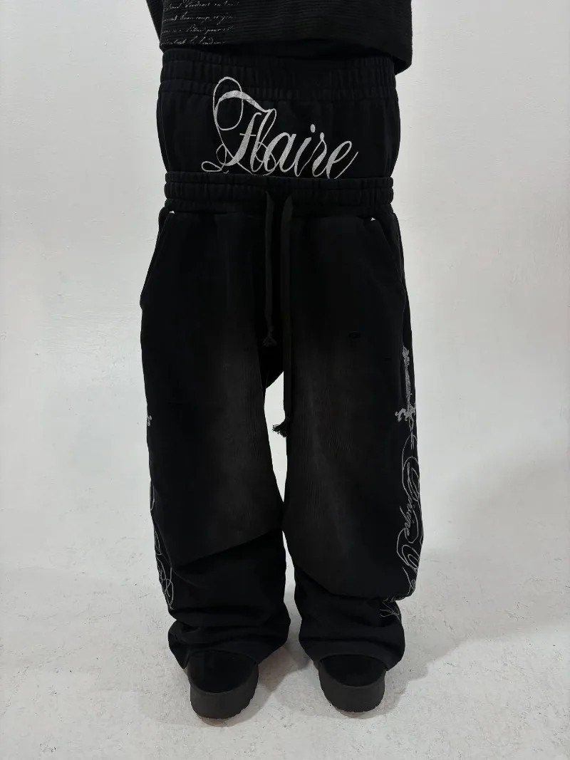 

Y2K High Street hip hop cross English logo design fashionable men wide leg pants Retro Gothic Harajuku trendy casual pants