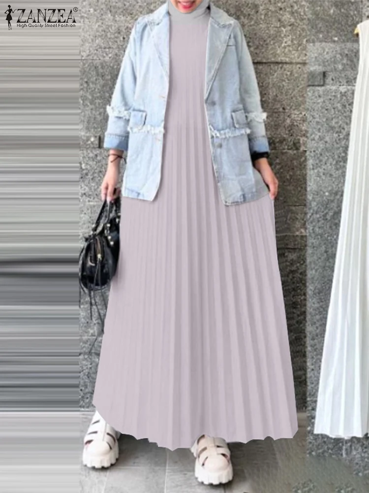 ZANZEA Muslim Islamic Stand Collar Abaya Robes Sleeveless Commute Women Plisse Maxi Dress 2024 Trend Turkey Hijab Pleated Dress