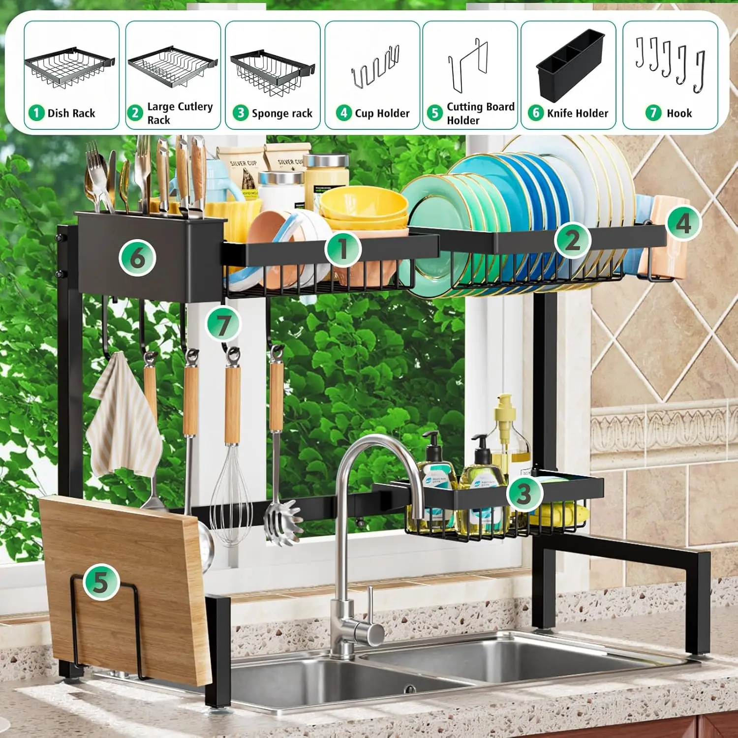 Dish Rack Above Sink - Two-Tier Large Capacity Draining Rack with Knife and Utensil Holder Home Decor