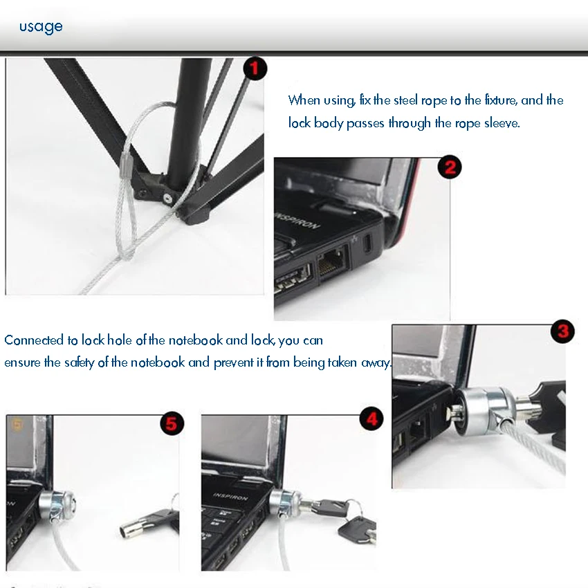 1.2 M Alloy Steel Cable,Laptop Cable Lock with 2 Keys Hardware Security Cable Lock Anti Theft Lock for Notebook Bicycle