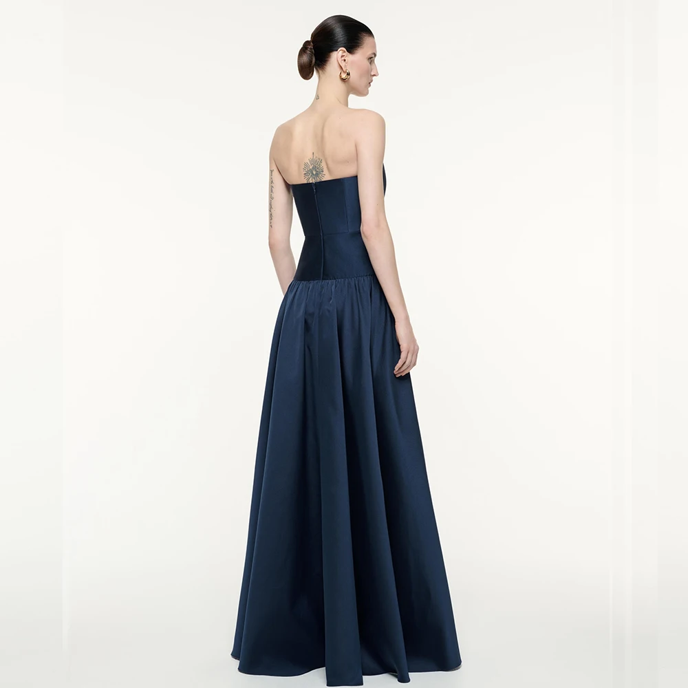 Customized Navy Blue Jersey and Satin Evening Dress with A-Line Classic and Modern Strapless Sleeveless Zipper Back Party Gowns