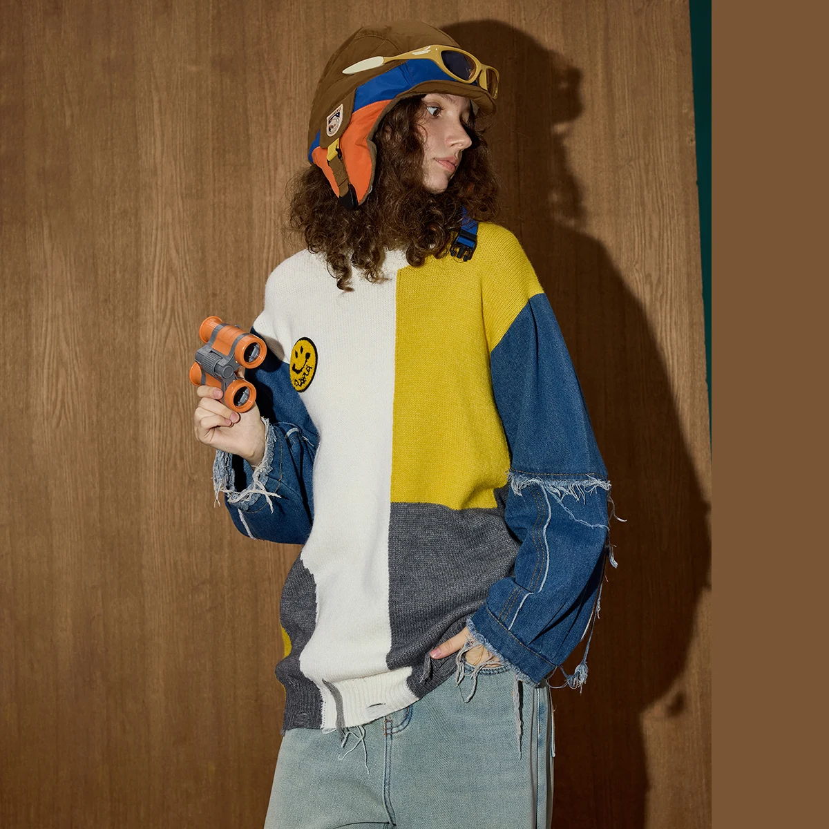 

2025 женский джинсовый вязаный свитер в стиле пэчворк, небольшой дизайн, большой топ с рукавами «летучая мышь», уникальный синий, белый, двухцветный пуловер