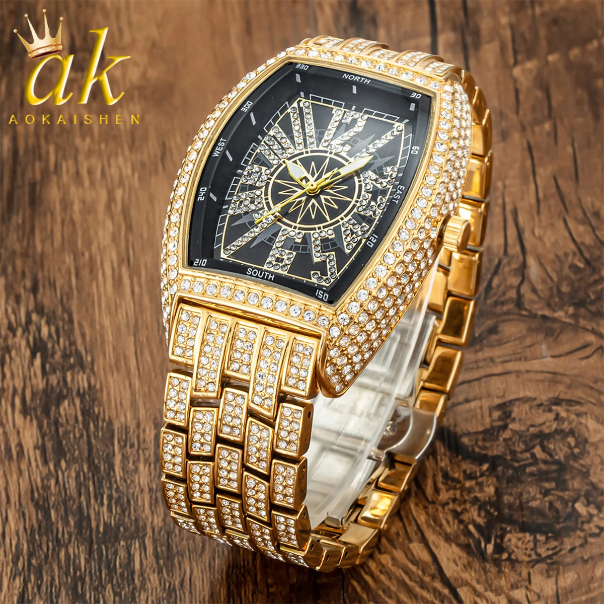 Aokaishen Personalized Digital Diamonds for Men Quartz Clock Luxury Rhinestone Business Waterproof Hip Hop Fashion Jewelry