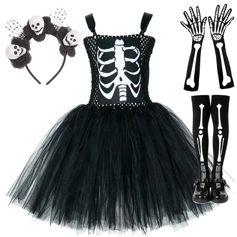 Halloween-Skelett-Performancekleid für Mädchen, Geister-Tutu-Kleid-Set mit Skelett-Stirnband, Kinder-Karnevalsparty-Outfit