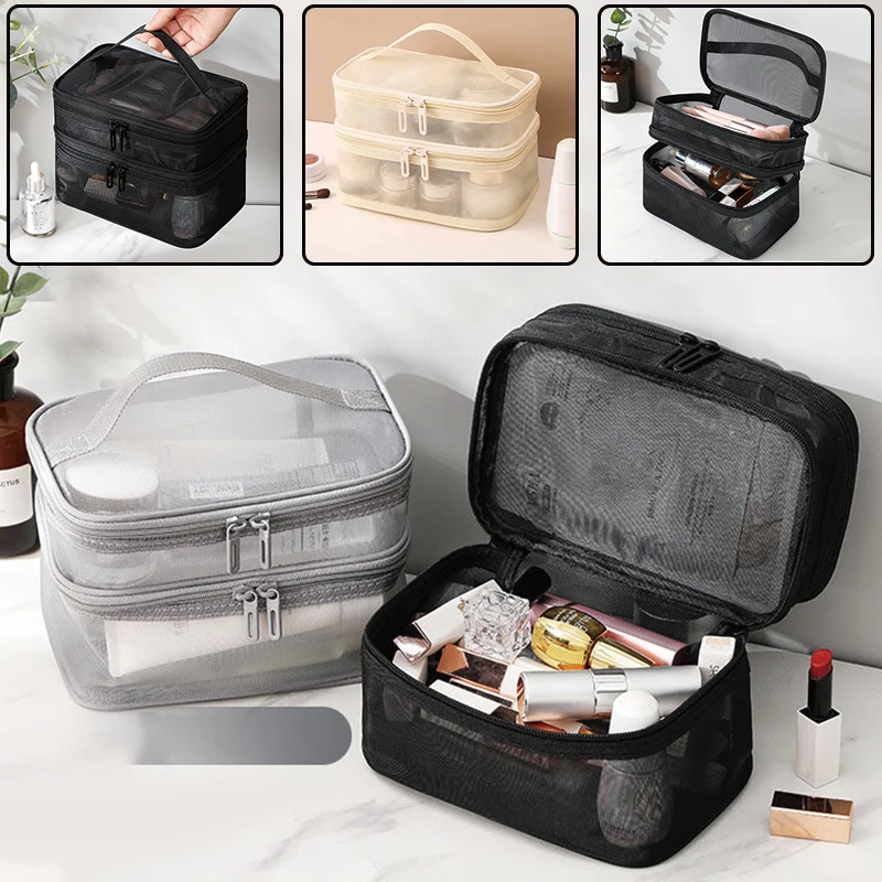 Double-Layer Mesh Makeup Bag, Travel Cosmetics Storage Bag, Double-Layer Makeup Bag, Mesh Makeup Bag with Compartments, Multi-Functional Mesh Makeup Bag