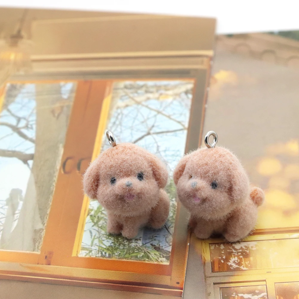 10 PCS Resin Flocking Brown Puppy Pendant Cute Plush Dog Doll Charms for Necklace Keychain Earrings DIY Jewelry Making Wholesale