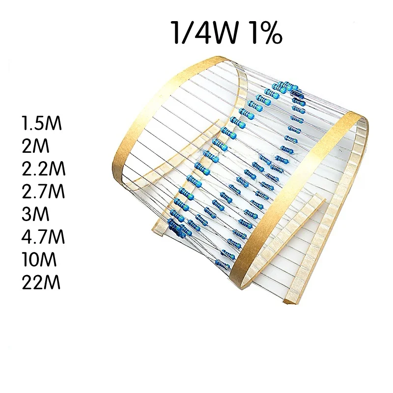 50PCS 1/4W direct metal film resistance 1% 1.5M 2M 2.2 2.7 3M 4.7M 10M 22M 0.25W
