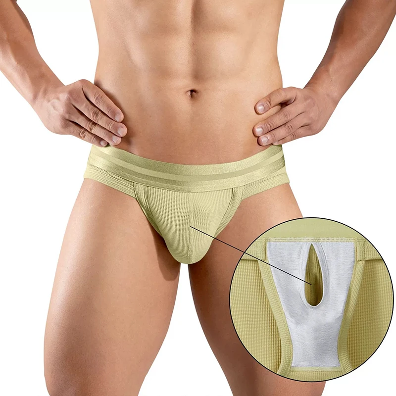 Large Size Sexy Underwear Men's Mid-Waisted Solid Briefs Waffle Pattern Breathable Underpants Men Separation Penis Pouch Panties