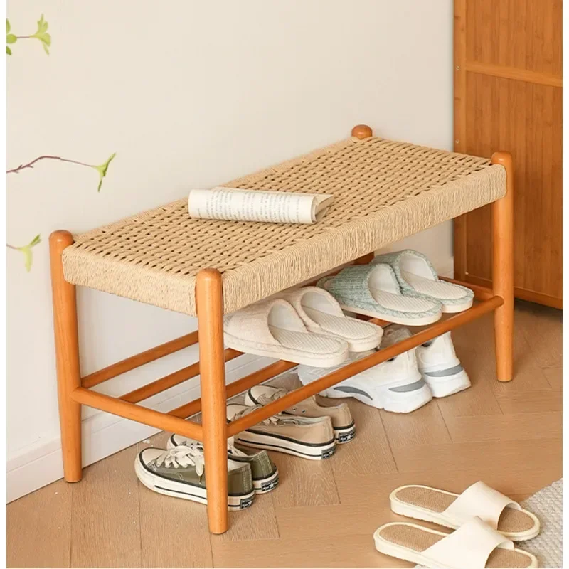 

Japanese Shoe Rack Solid Wood Rope Woven Shoe Changing Stool Double-layer Structure Hallway Bench Versatile Scene Home Furniture