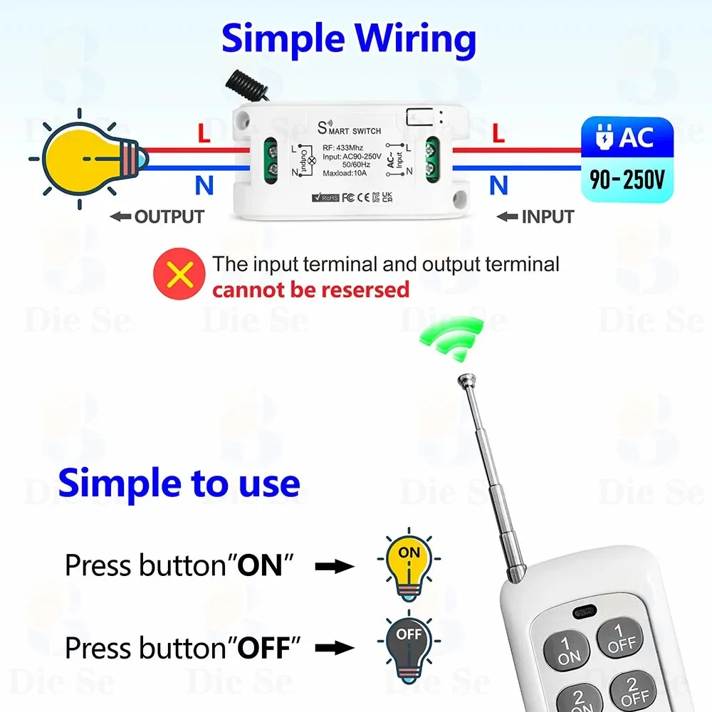 433mhz Rf Universal Remote Control Light Switch AC 220V 10A Relay Controller on Off Push Button Transmitter for Home Improvement