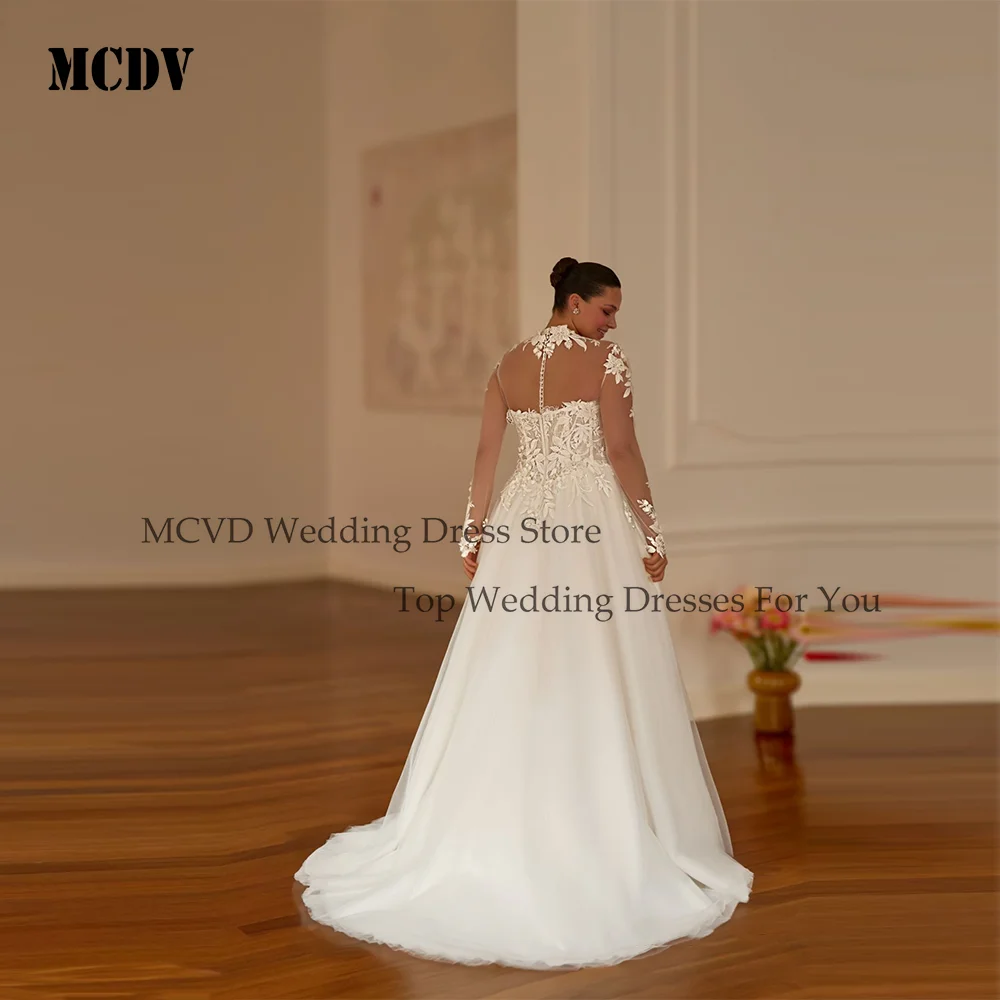 MCDV dentelle chérie fendu robe De mariée grande taille mariée hors épaule Applique a-ligne balayage Train robes De Novia personnalisé