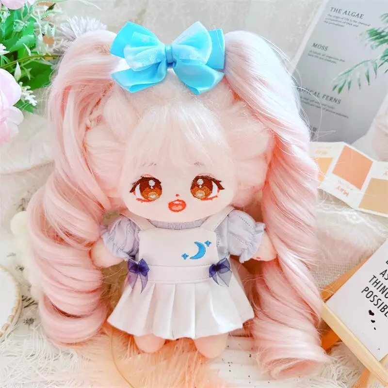 20cm Kawaii Pink Hair Girls Plush Doll Cute Blue White Moon Dress Suit 3Pcs DIY Clothes Accessory Anime Stuffed Cotton Dolls Toy