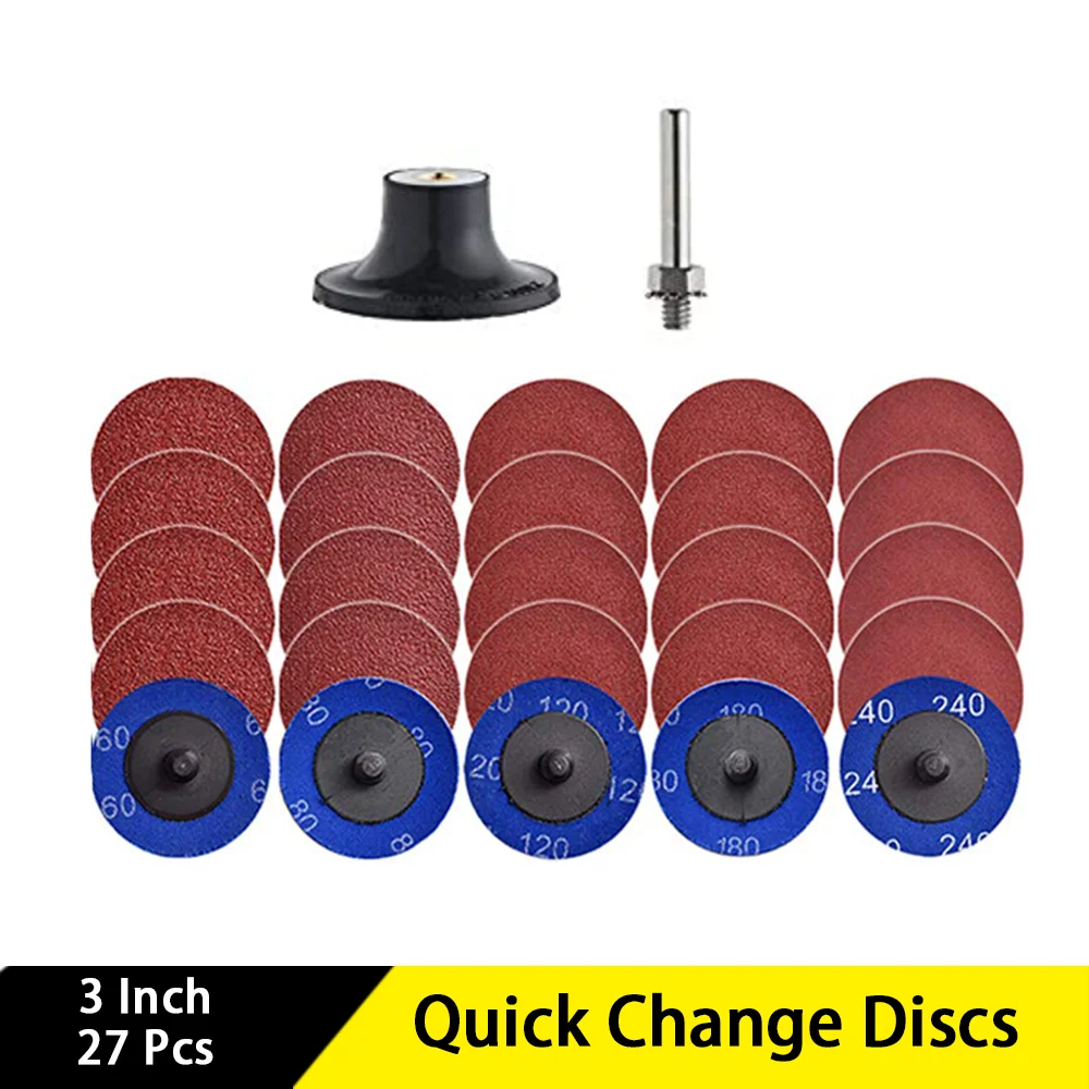 

27 Pcs 3 Inch Quick Change Disc Set with 1/4" Holder Lock Sanding Disc for Surface Prep Strip Grind Polish Finish Burr Rust