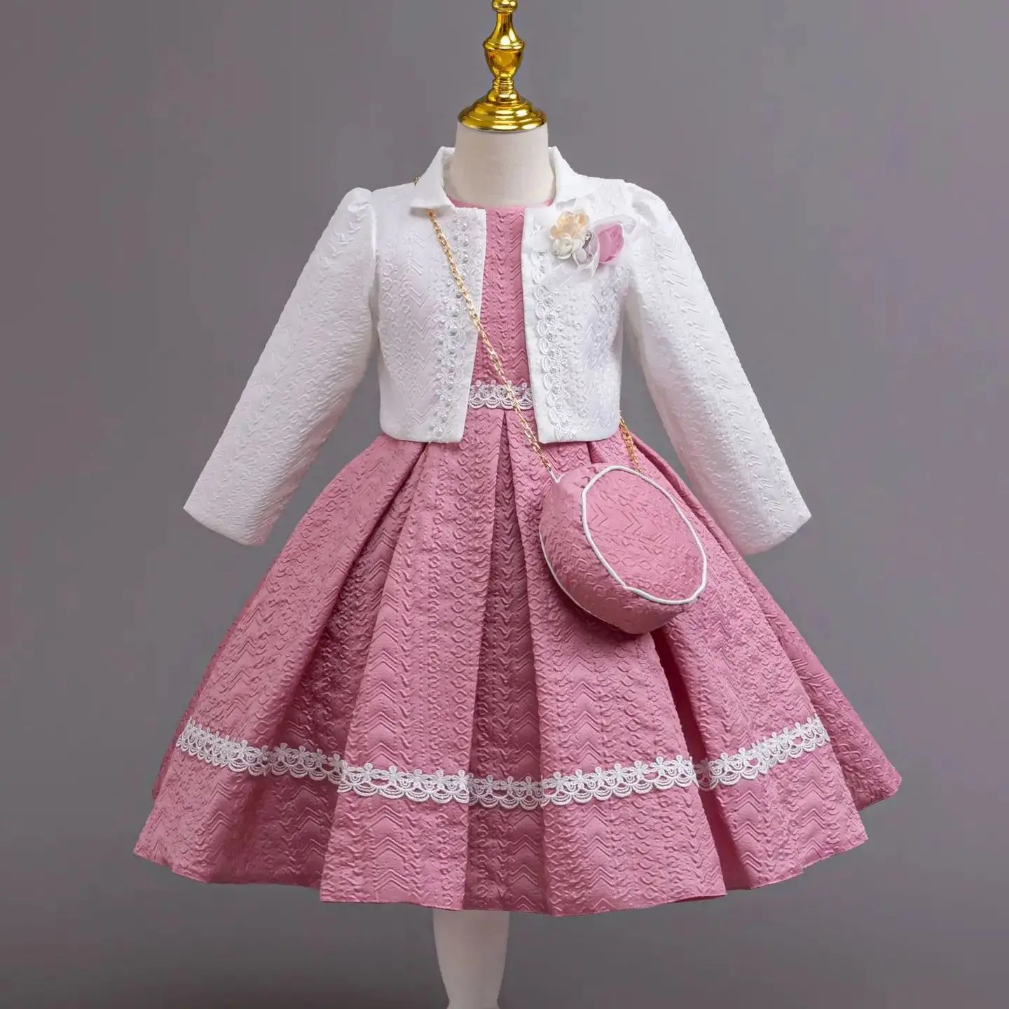 HETISO Autumn/Winter Long Sleeve Girl Party Dress Elegant Lace Christmas Formal Gown Gift with Bag for Kids Children 2-8Y