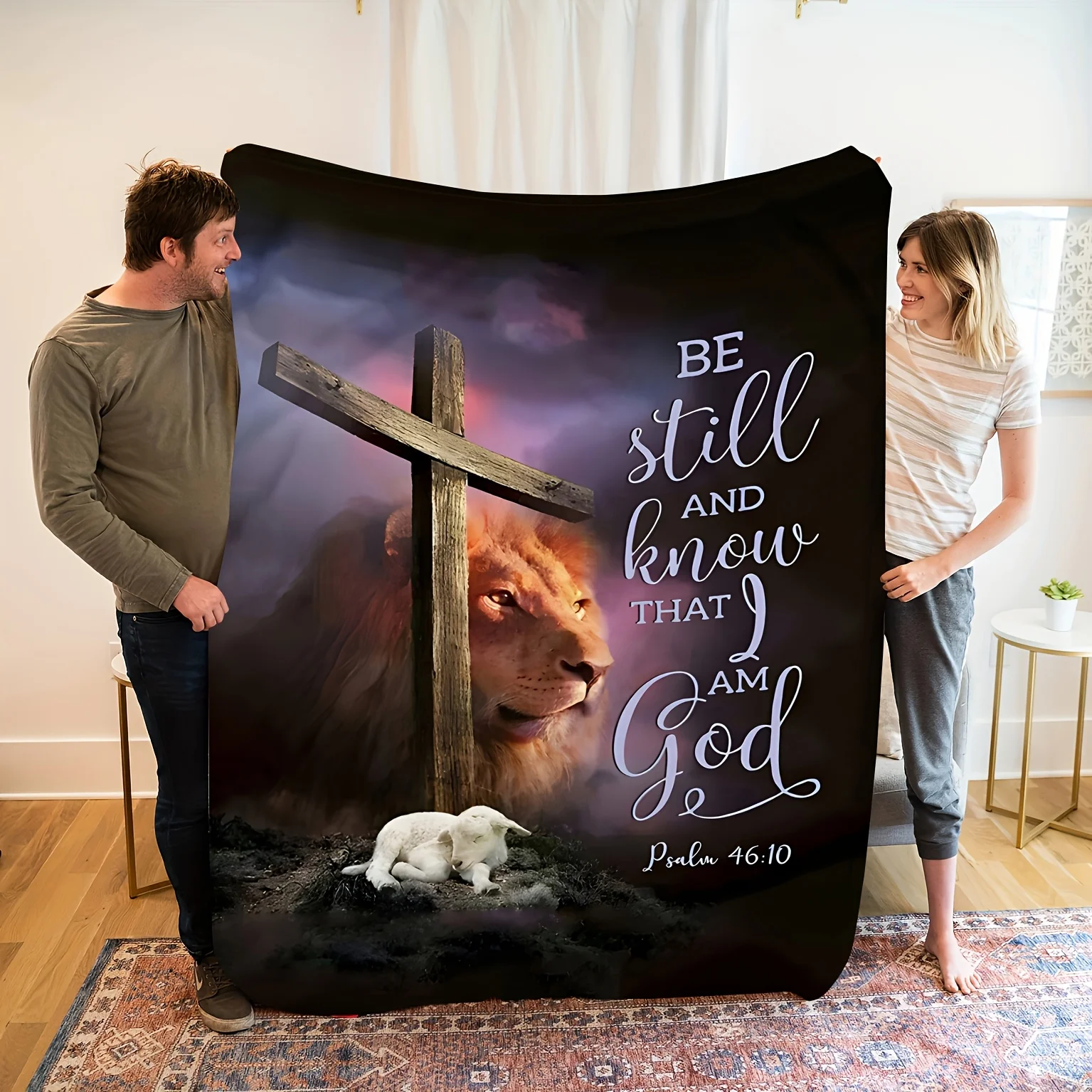 Christian Flannel Throw Blanket with Cross and Lamb, Soft Warm Inspirational Blanket for Sofa Bed, Cozy Gift for Home Decor