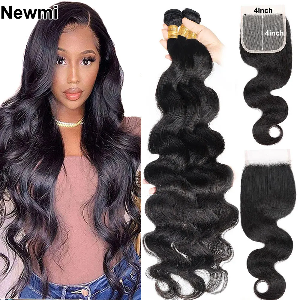 

Body Wave Human Hair Bundles with Closure Newmi 8- 30 inch Body Wave Bundles Human Hair with 4x4 Transparent Lace Closure