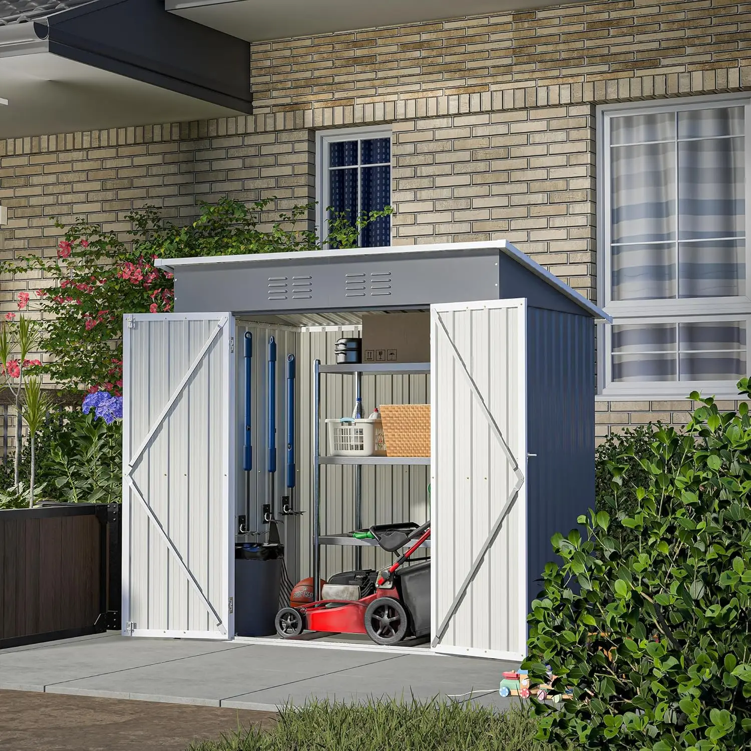 6x4 FT Outdoor Storage Shed with Lockable Double Doors, Aluminum Frame, Weatherproof with Frame Floor