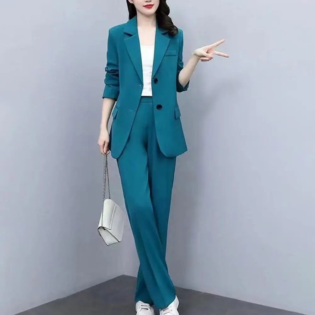 Long-sleeve Top Outfit Formal Business Style Women\'s Coat Pants Suit Set with Lapel Button Closure Cardigan Wide Leg for Work