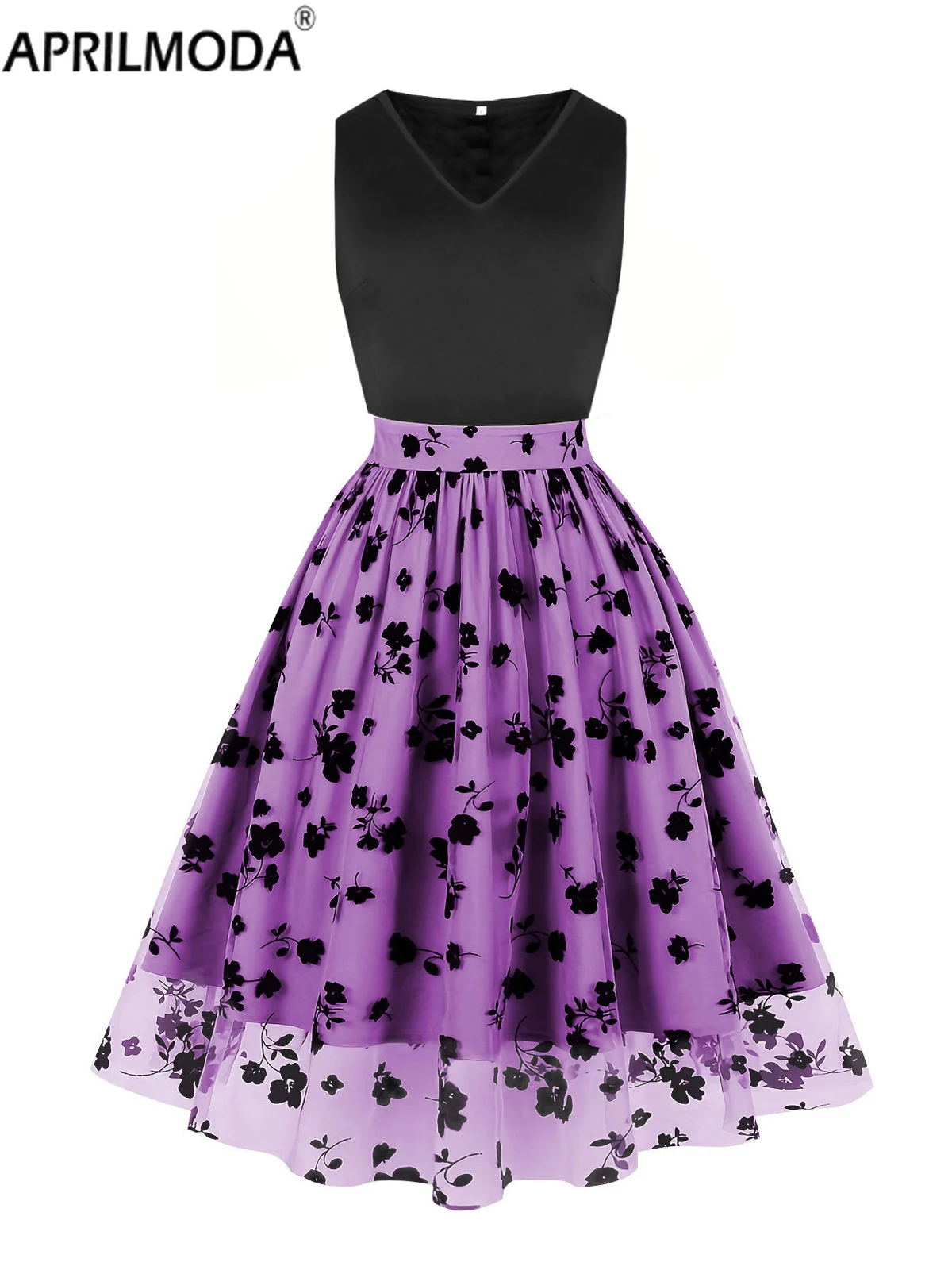 40s 50s 60s Black and Purple Floral Mesh Cocktail Party Dresses Birthday Women V-Neck Sleeveless Summer 1950s Vintage Midi Dress