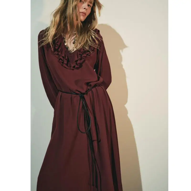 Outono inverno nova chegada f estilo suave com decote em v em camadas decoração manga longa midi vestido de fibra de p...