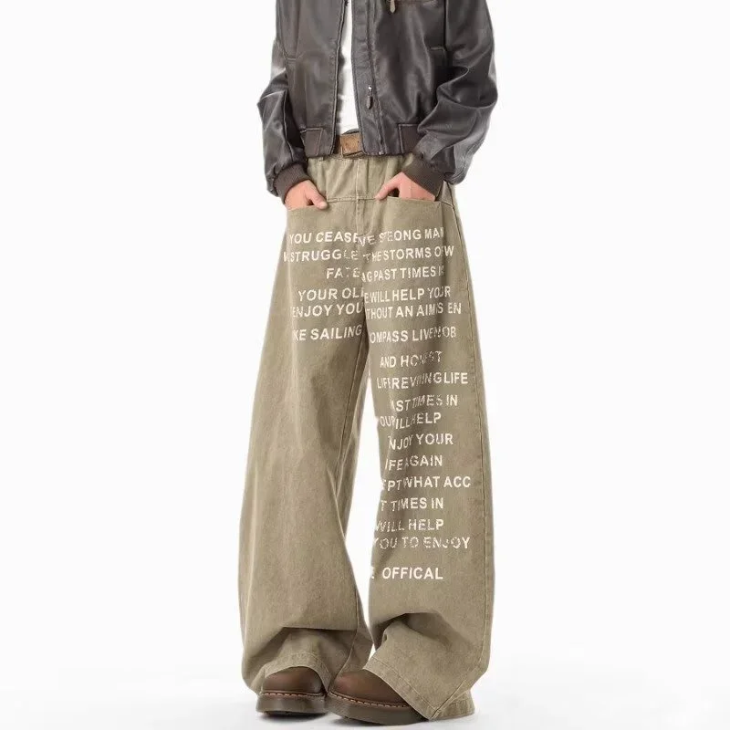 American Retro Letter Print Baggy Jeans For Men Hip Hop Fashion Straight-Leg Denim Pants Aesthetic Y2K Streetwear Khaki Jean