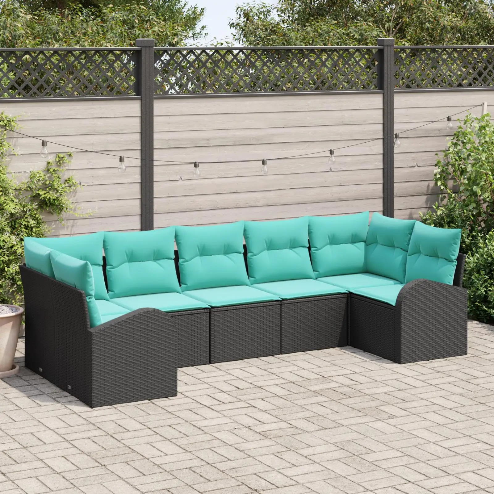 

Stylish 7 Piece Black Rattan Garden Sofa Set with Cushions for Outdoor Patio Furniture