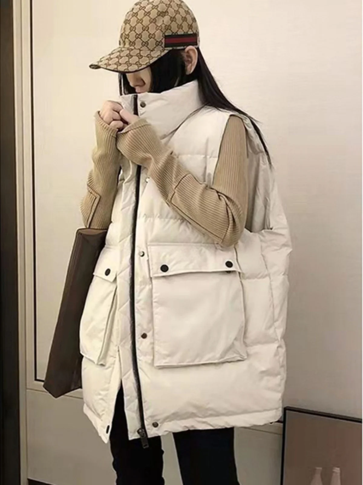 

Loose Women's down Cotton Vest Mid-Length Spring Outerwear Korean Style Casual Fashion No Brand Commute Foldable Zipper