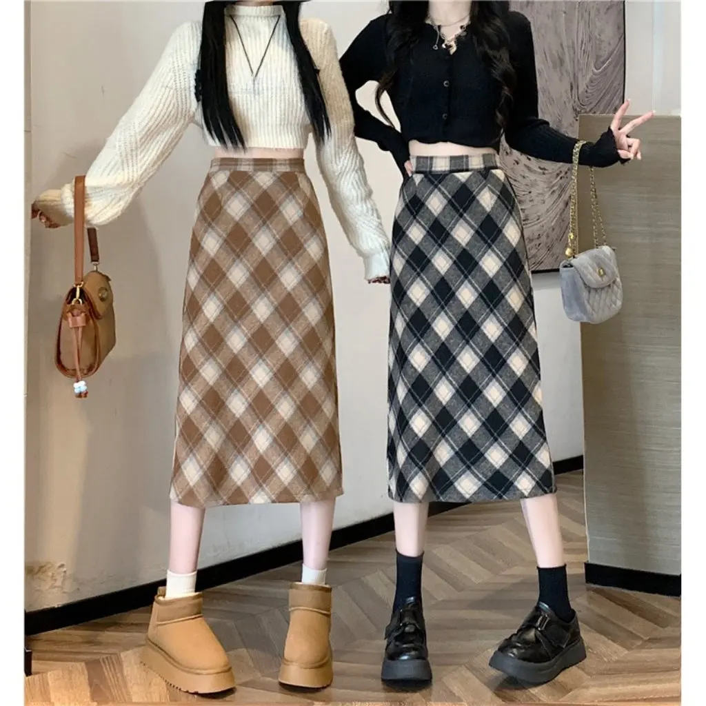

Winter Thick Wool High Waist Dress Women's Plaid Long Skirt Korean Style Fashion Casual Half Skirt