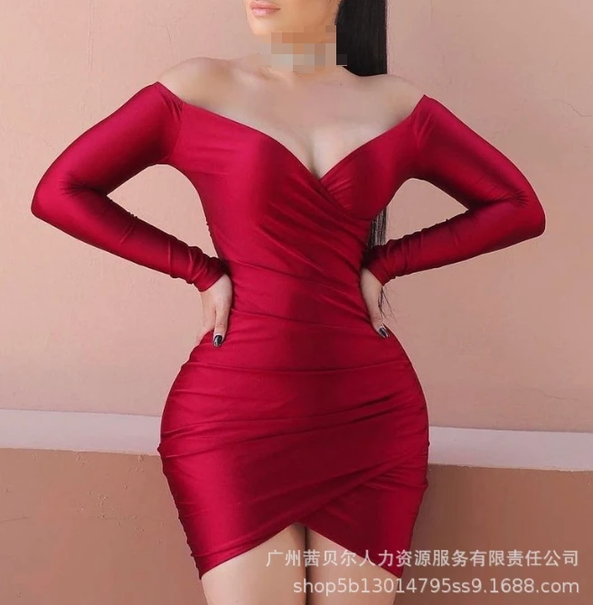 

Women's Dress Elegant Commuting Sexy Party Evening Dress Solid Off the Shoulder Long Sleeve Ruched Bodycon Hip Wrap Mini Dress