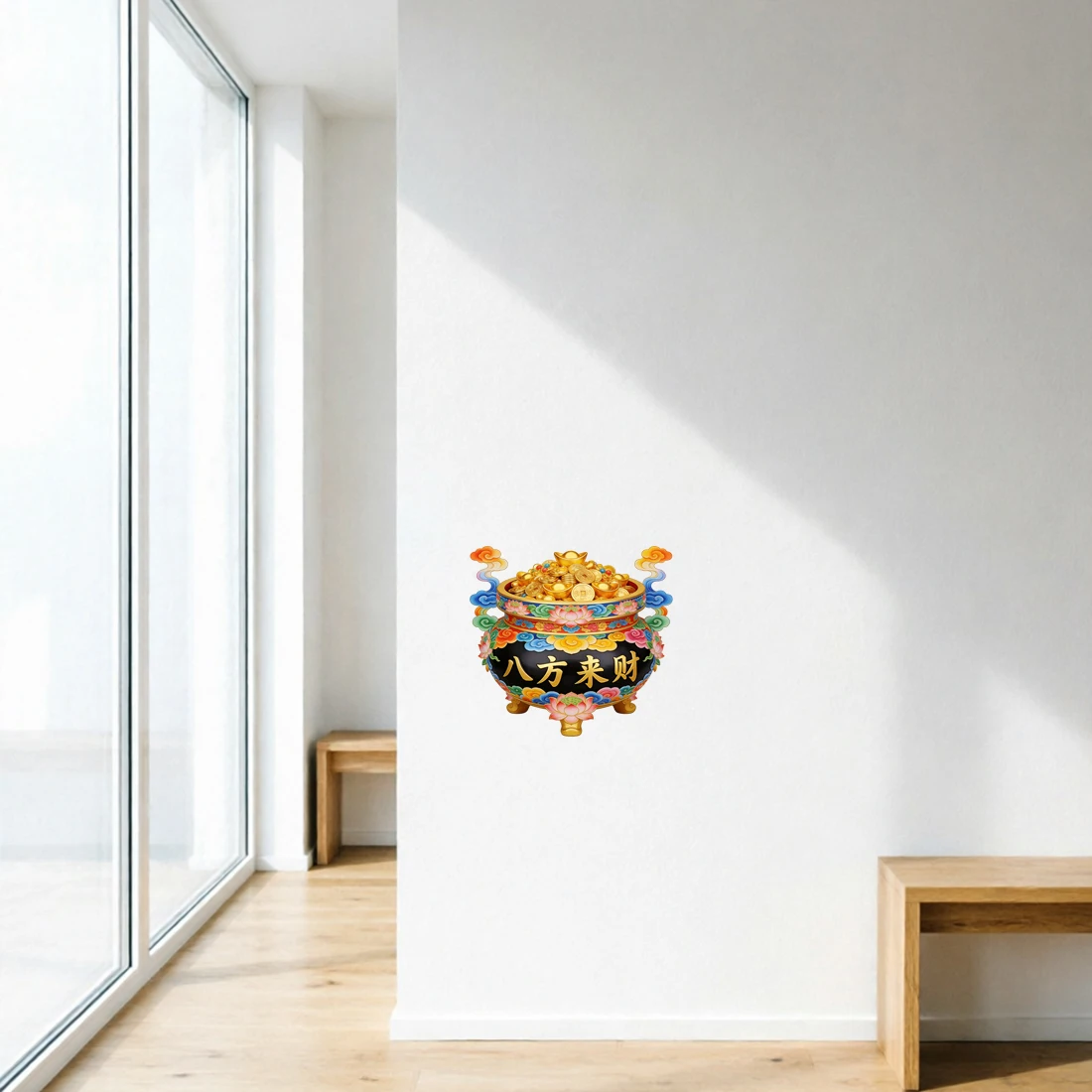Three Ratels CEE245  Oriental Mysterious Wealth Attracting Treasure Bowl Wall Decal for Home Decoration Door Sticker Entrance Ar