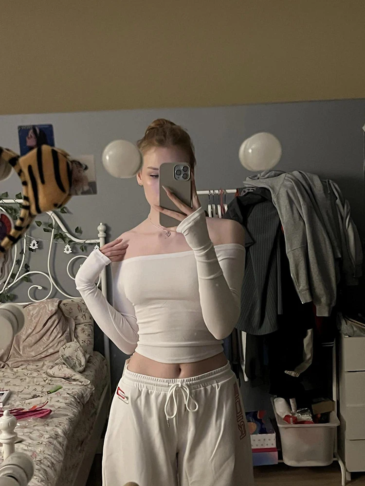 

Sexy Slash Neck T Shirt Women Cotton Long Sleeves Cropped Tee Shirt Femme Slim T-shirt Female Black White Tops 2025