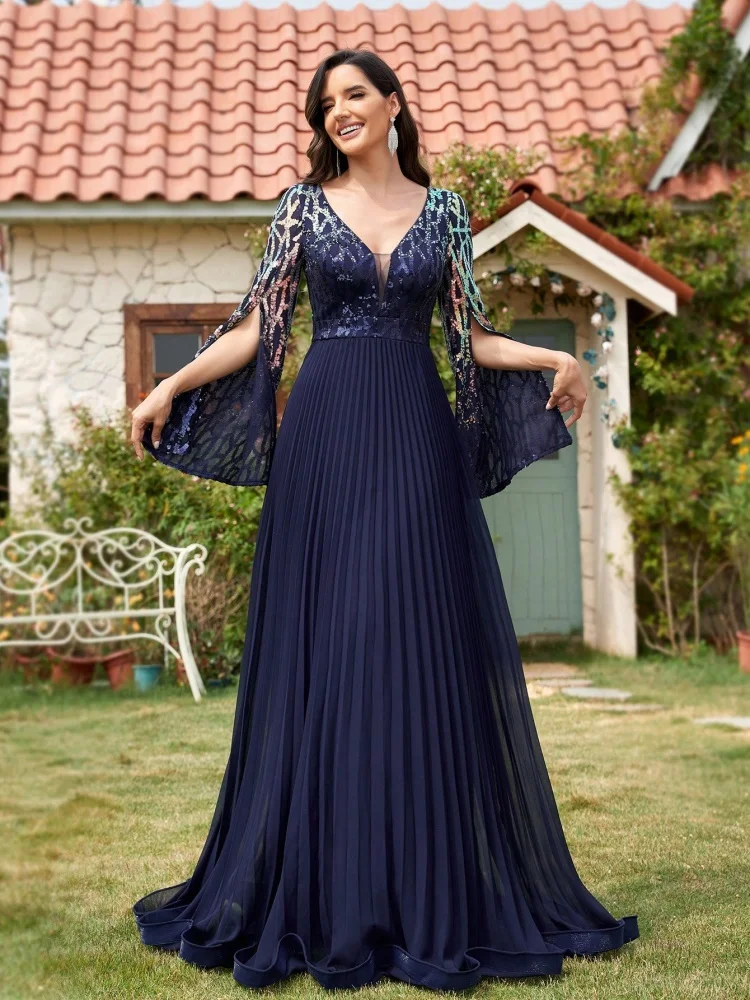 

Lucyinlove Luxury Chiffon Slit Long Sleeves Evening Dress Long 2025 Elegant Dress Wedding Party Prom Arabia Cocktail Gowns