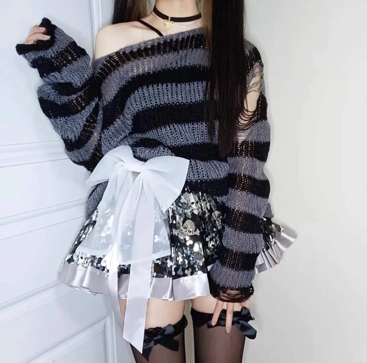 Karrcat Gothic Sweater Women Knitted Grunge Striped Pullovers Punk Hollow Out Loose Jumper Goth Alternative Clothing Emo Y2k Top