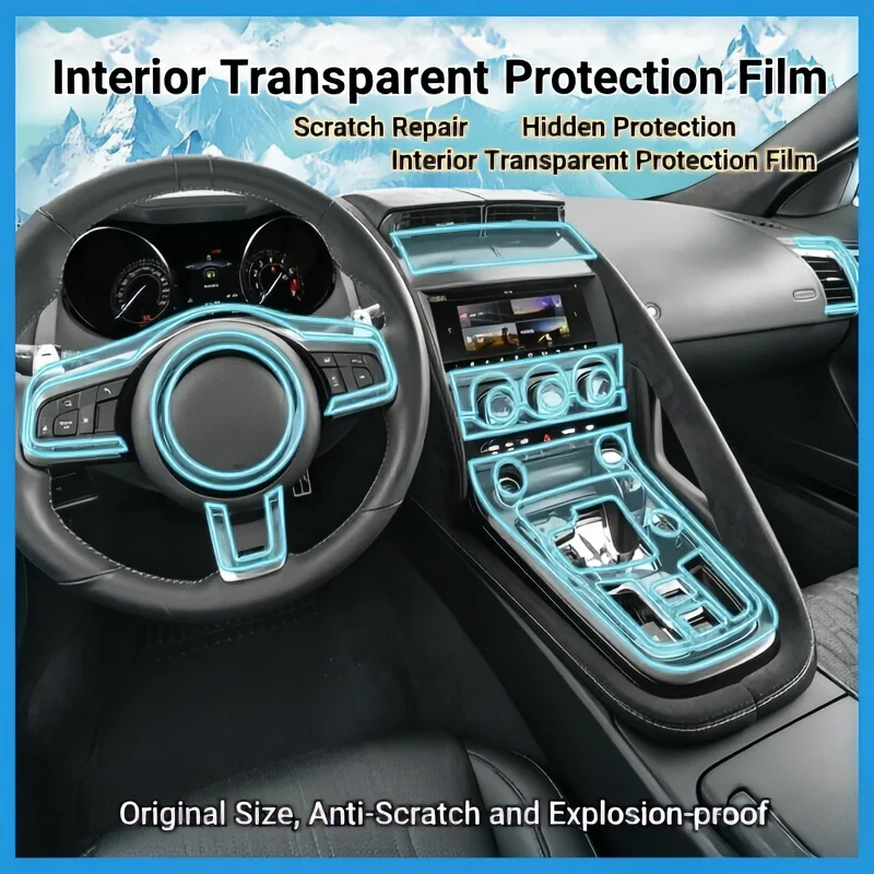 Pour Jaguar F-Type 2019-2021, film de protection transparent dédié à l'intérieur, pour console centrale et écran de changement de vitesse.