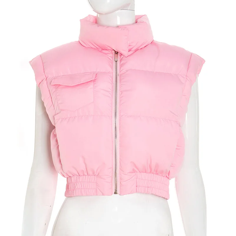 

2025 Autumn Winter Solid Candy Color Cotton-padded Jacket Women Stand Collar Sleeveless Zipper Casual Versatile Streetwear Coats