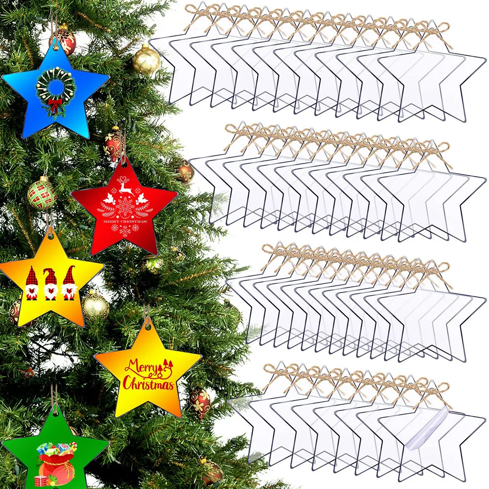 20pcs 2.75inch Star Clear Acrylic Christmas Ornament DIY Christmas Tree Acrylic Tags with Hole for Christmas Bauble Tree Hanging