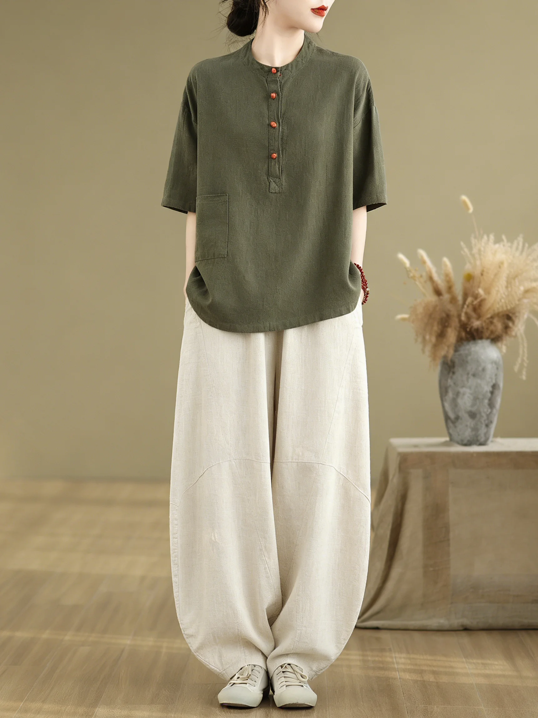 

Spring Summer Chinese Style Casual Loose Cotton Linen Set Women's Button up Shirt Lantern Pants Breathable Comfortable Tea Co...