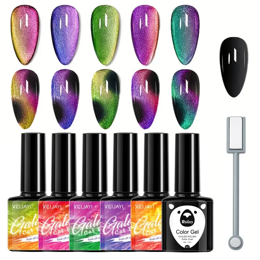 

6pcs Milky Way Cat Magnetic Gel Nail Polish Semi Permanent Glitter Reflective Polish Soak Off UV Thermo Gel Nail Art Varnish Set