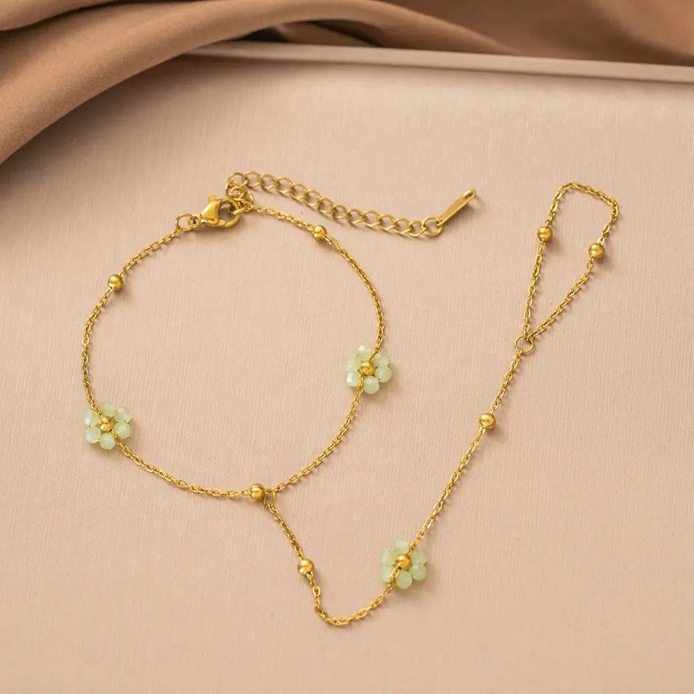 Stainless Steel Flower Bracelet Crystal Beaded Flower Design Crystal Beaded Bracelet Gold Color Finger Wrist Integrated