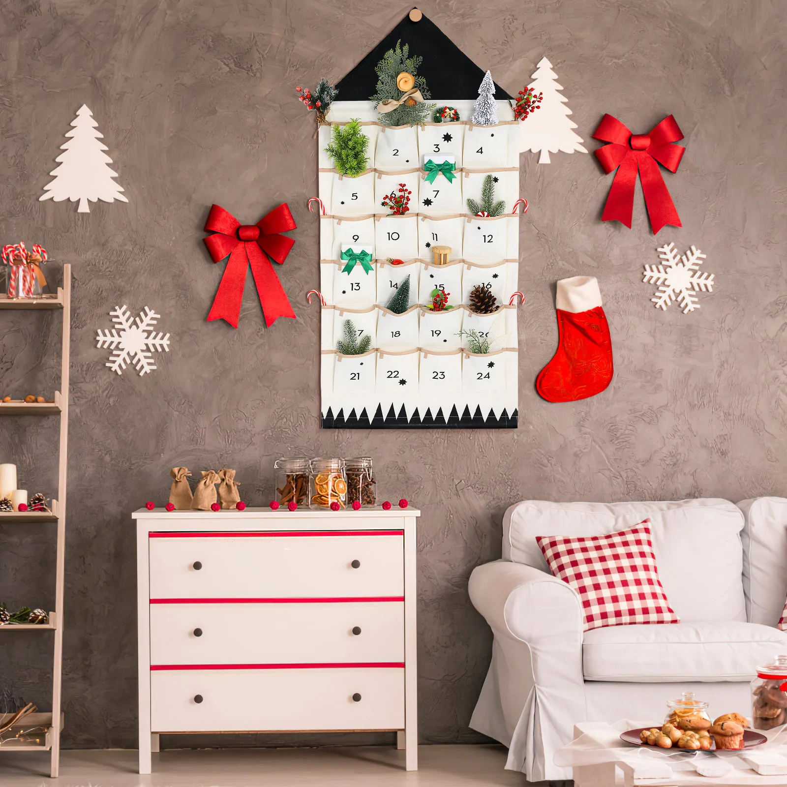 

Christmas Calendar Bag Door Back Pouch Hanging Storage Bag House Shape Multi Pockets Organizer Breathable Cotton Cloth